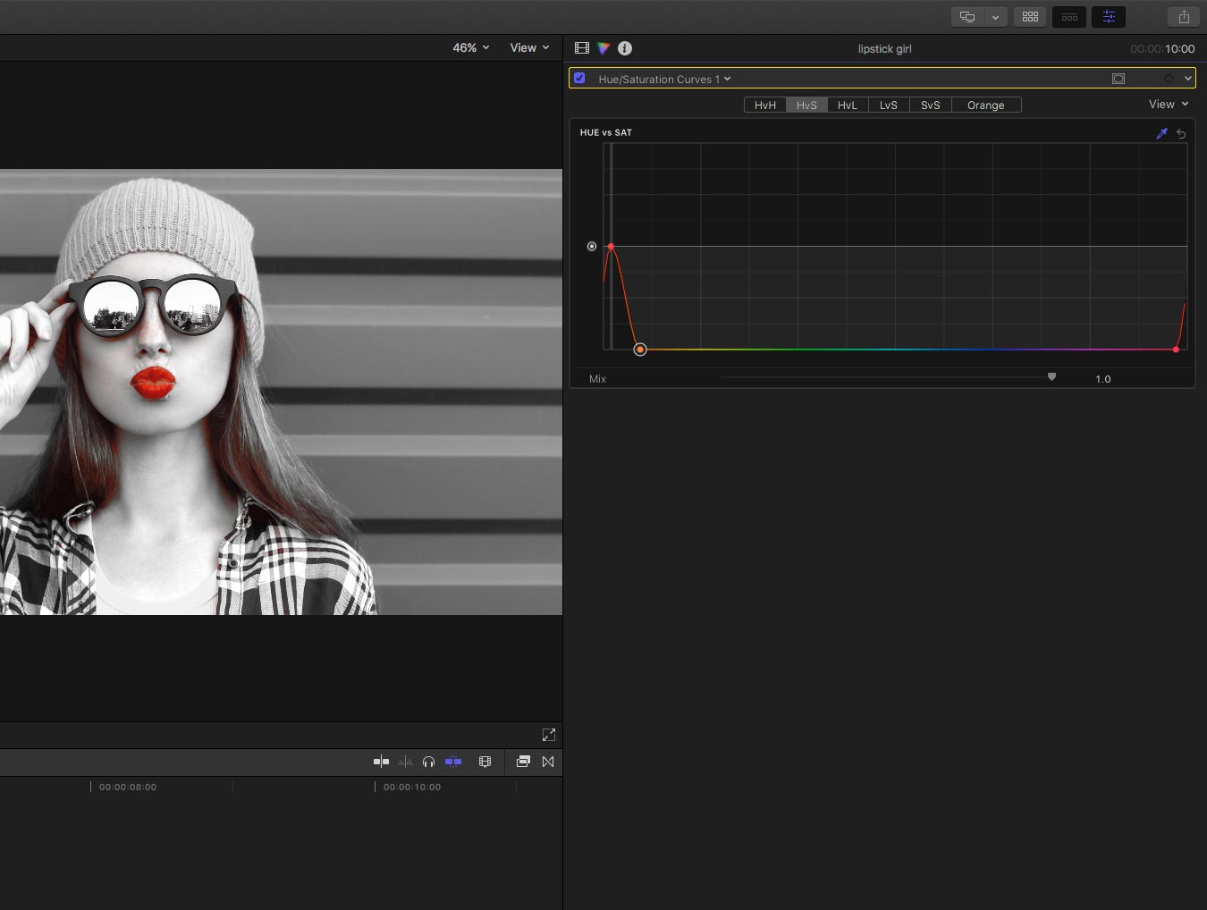 Reduced saturation using curves in final cut pro X