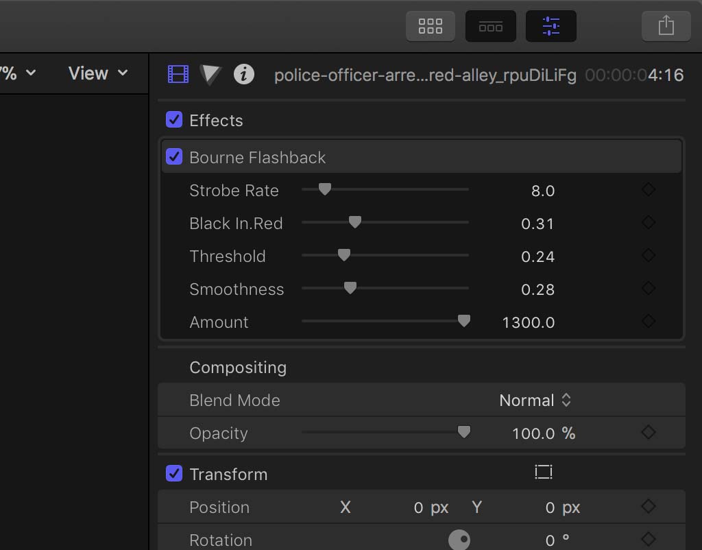 Inspector Controls for Bourne Flashback plugin effect FCPX