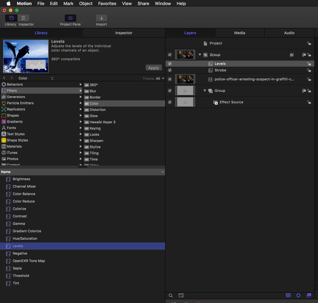 Add levels filter in Motion when building FCPX plugin