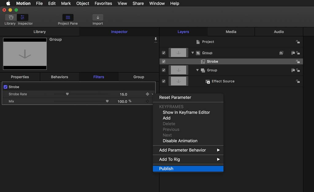 Publish Strobe parameter from Motion to Final Cut Pro X Plugin