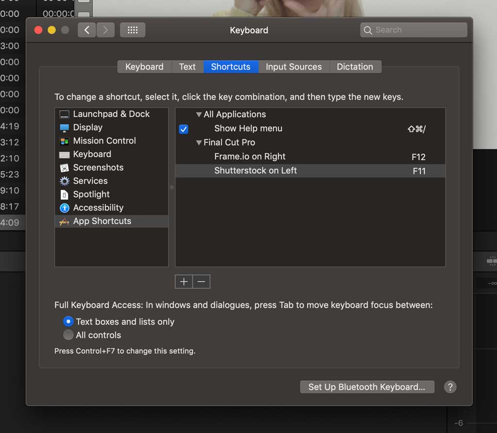 custom keyboard shortcuts in macOS for final cut peo x