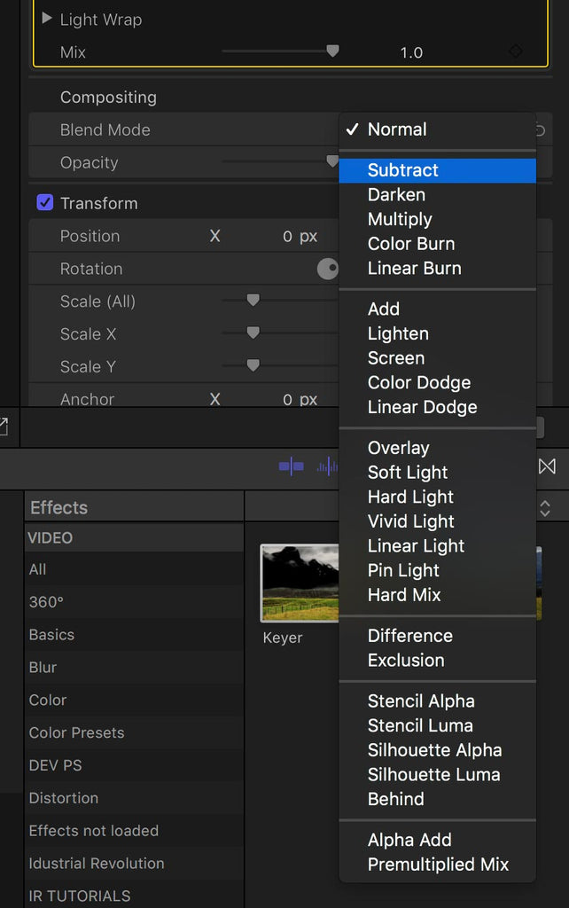 Change Blend Mode to Subtract Final Cut Pro X