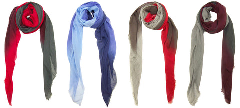 Collage of Blue Pacific Dream Scarves in Jalapeno Slate, Persian Violet, Red Pear Taupe, and Burgundy Gray Taupe