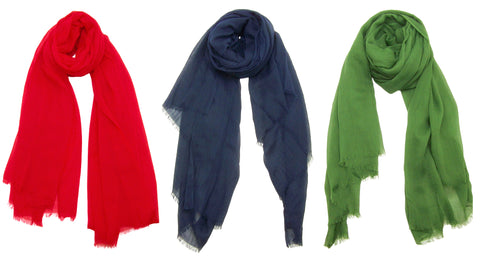 Collage of 3 Blue Pacific Solid Silk and Linen Scarves in Bright Red, Navy Blue, and Olive Green