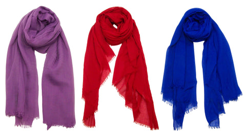 Collage of 3 Blue Pacific Solid Silk and Linen Scarves in Purple, Burgundy Red, and Cobalt Blue