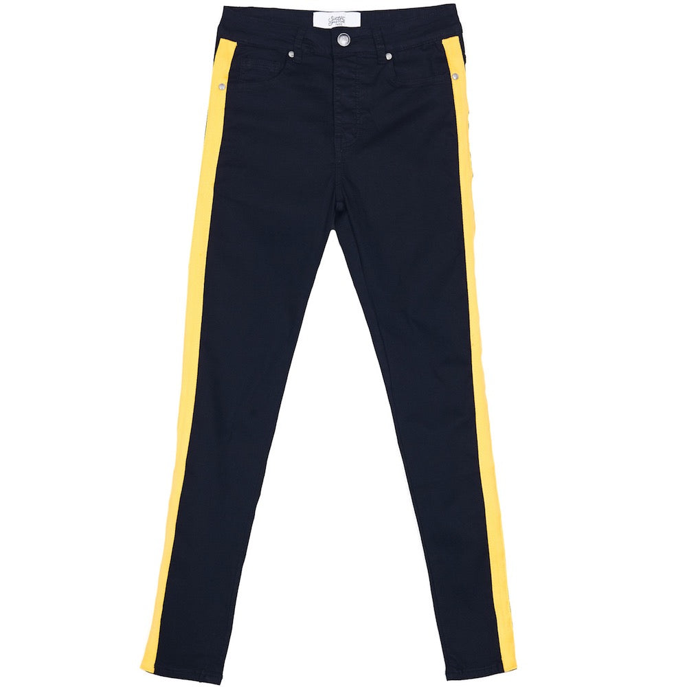 black trousers with yellow stripe
