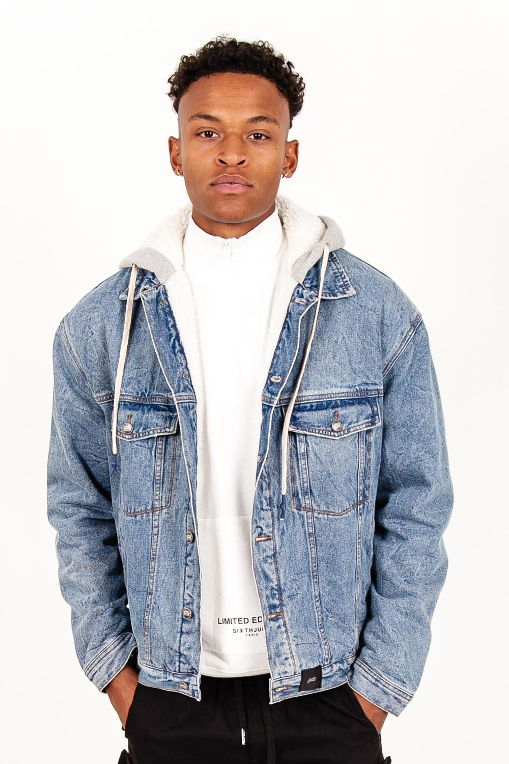 sherpa denim jacket with hood