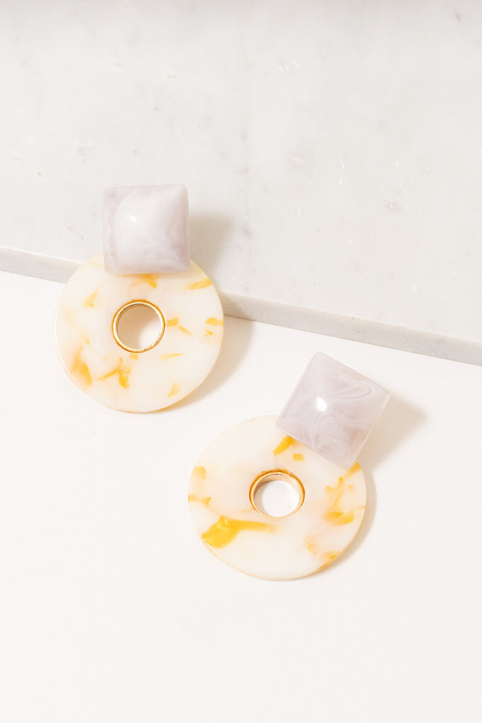 yellow and white acrylic statement earrings