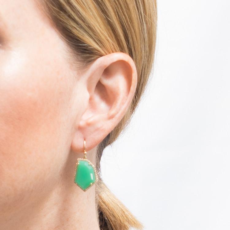 Janna Conner Cubist Chrysoprase and Diamond Drop Earrings on Model