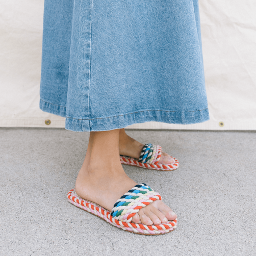 Loeffler Randall rainbow slide sandal on model