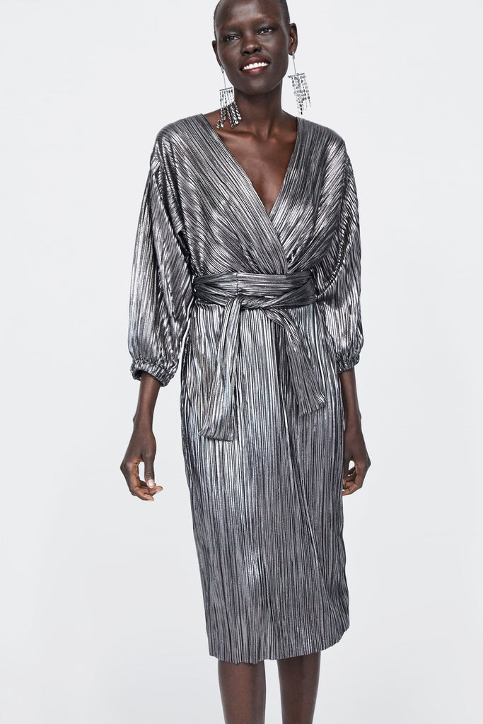gunmetal grey lame wrap dress Zara on model