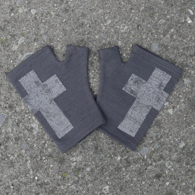 Merino Fingerless Gloves - Hobo Length Charcoal Cross Print