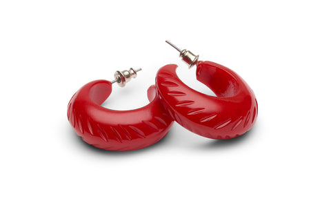 Splendette vintage inspired 1950s style carved fashion fakelite red Poppy hoop earrings