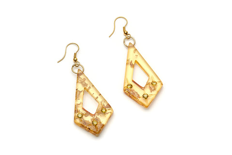 Splendette vintage inspired 1950s style luxurious mid century atomic carved Gold Foil fakelite drop earrings