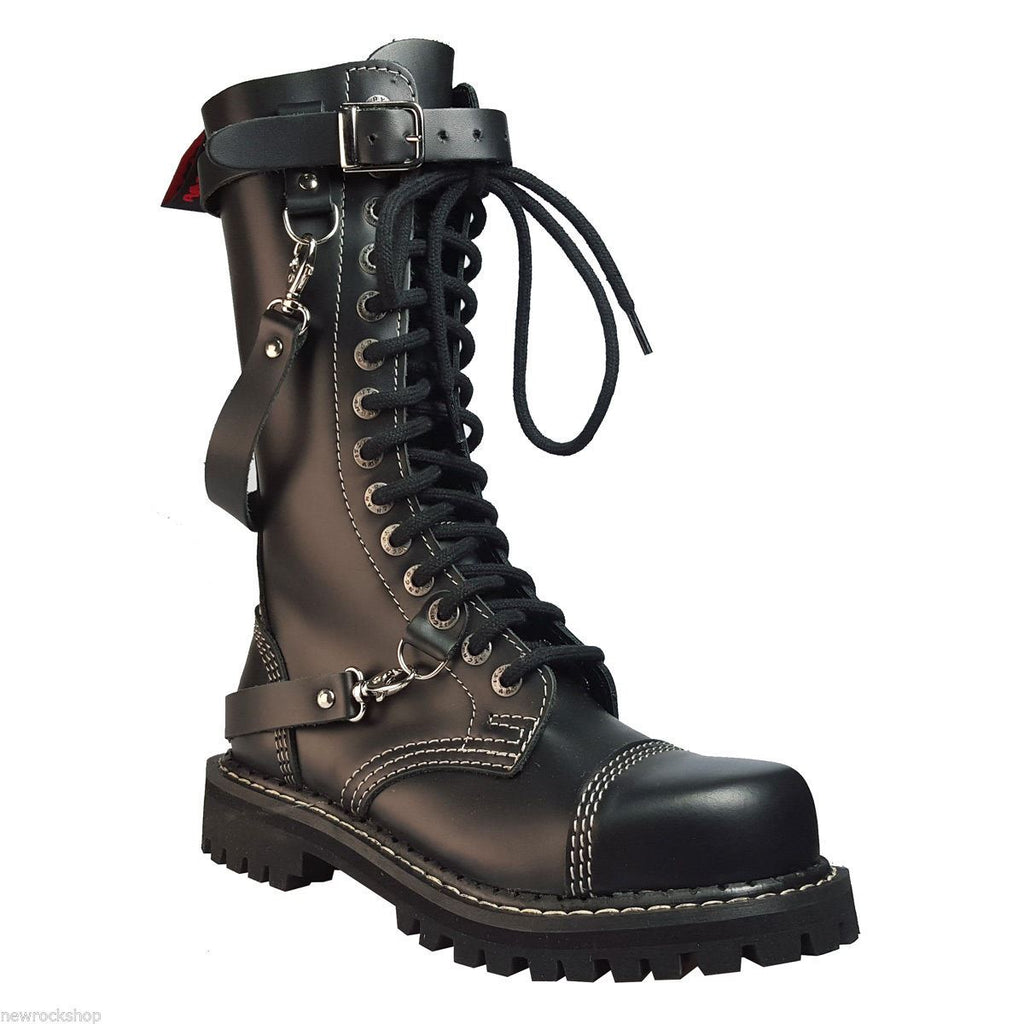 Angry Itch 14 Hole Gothic Punk Black Buckle Leather Ranger Boots Steel Toe Zip