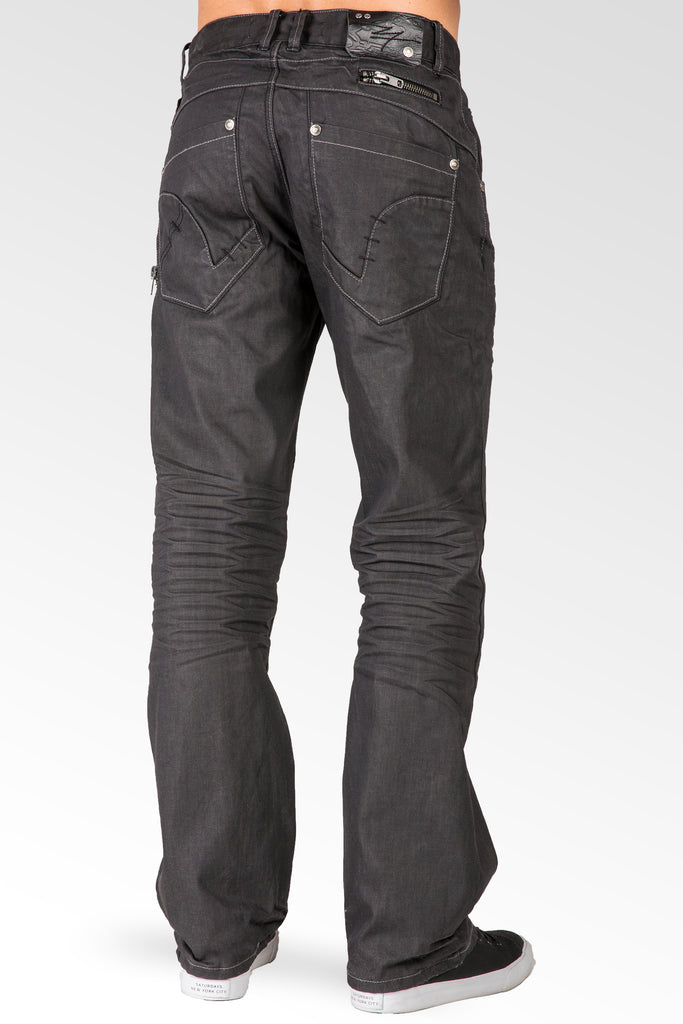 Level 7 Men's Relaxed Bootcut Whisker Zip Pocket Coated Black Jeans