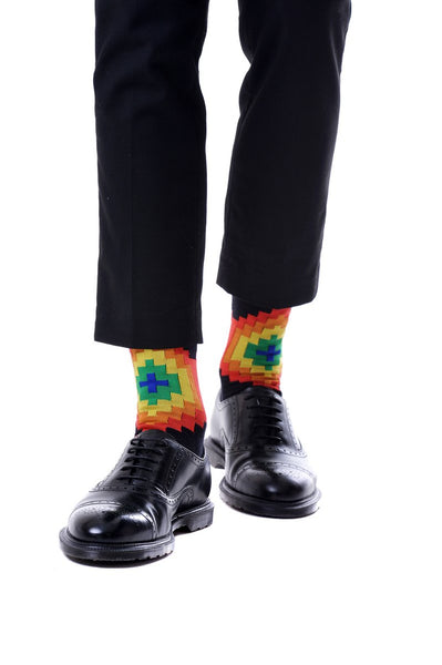 rainbow pixel colored socks with dress shoes for formal style