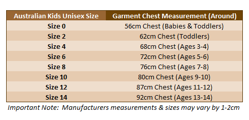 Australian Childrens T-Shirts Size Chart