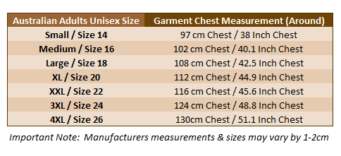 Australian Brands Adults T-Shirt Size Chart