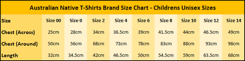 Australian Native T-Shirts - Childrens Size Chart