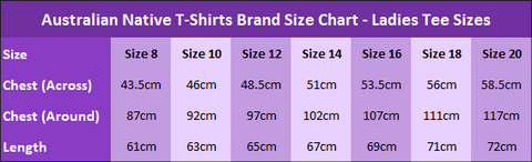 Australian Native T-Shirts - Ladies Tee Size Chart