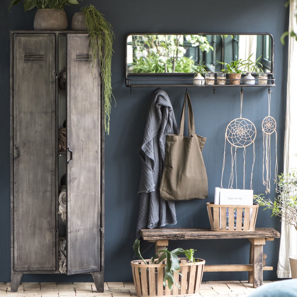 Industrial wall mirror with shelf