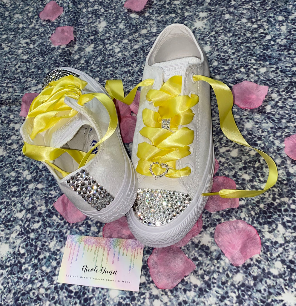 All Star Converse With Crystal & Yellow Ribbon Laces & Hear – Crystals By X Luxury Glam Shoes | Sneakers