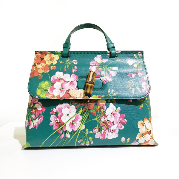 Gucci Green Shanghai Blooms Top Handle Flower Bag Handbag
