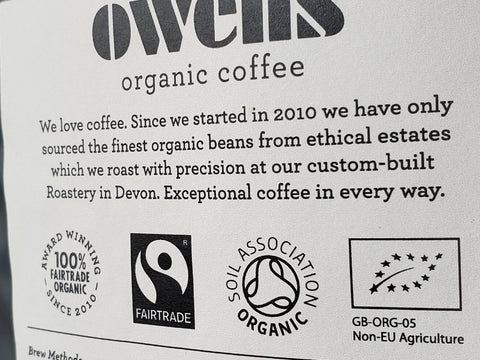 Label for organic coffee showing certified organic logo of the UK Soil Association
