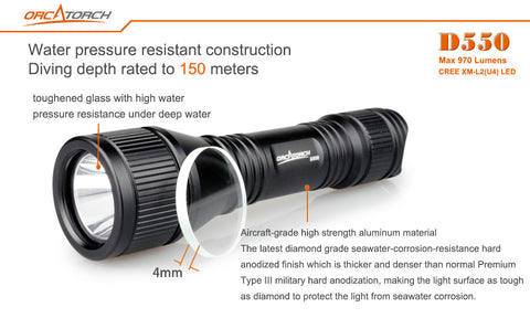 Orca D550 Torch is handy but strong 970 lumen torch. Available at Dive Manchester.