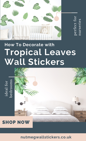Pinterest image of Tropical Leaves Wall Stickers from Nutmeg Studio