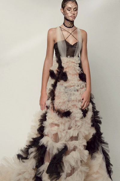 LNH Black and Nude Ruffled Gown