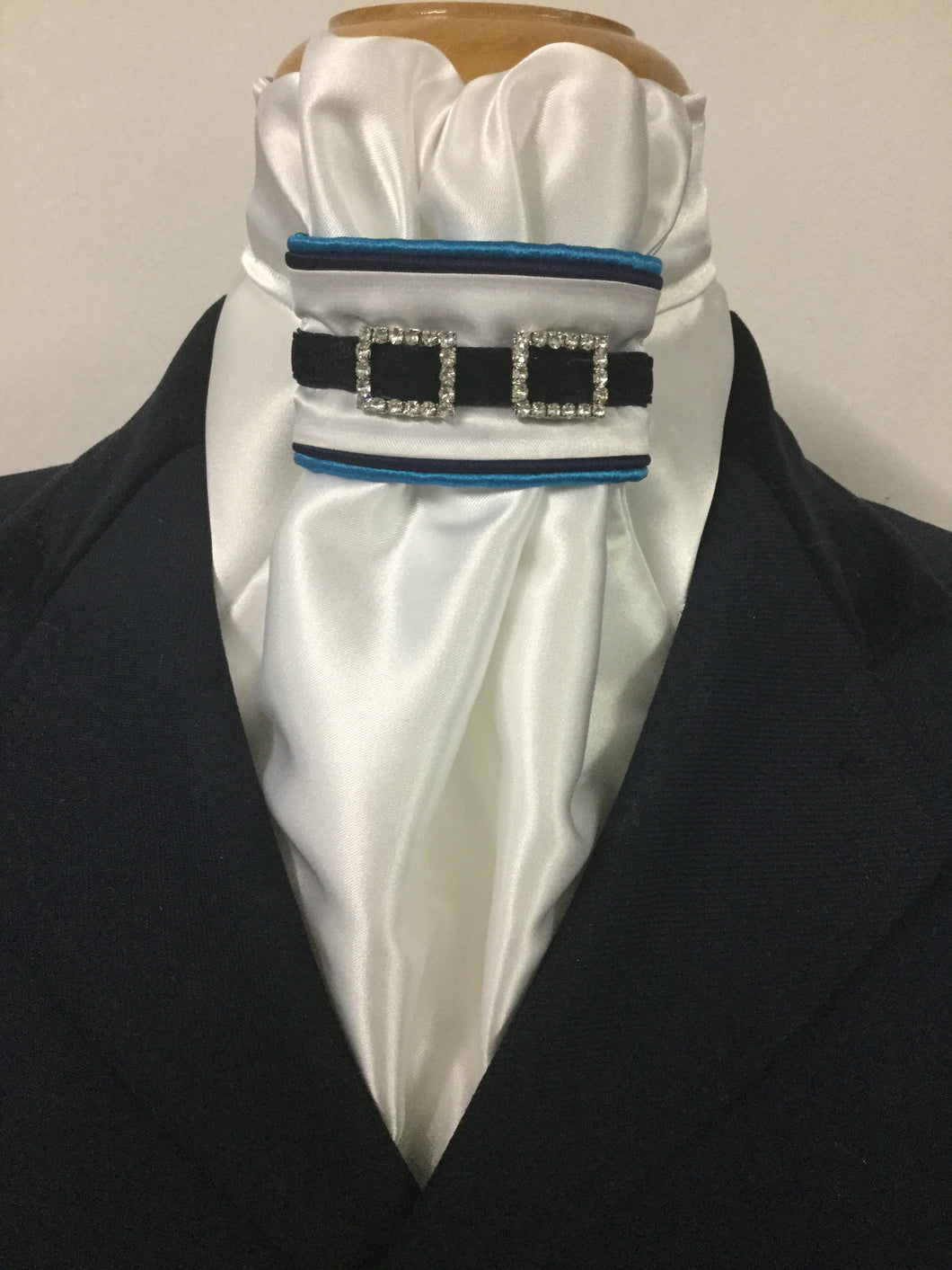 HHD White Satin Euro Stock Tie Detachable Tab ‘Victory’ Navy & Aqua