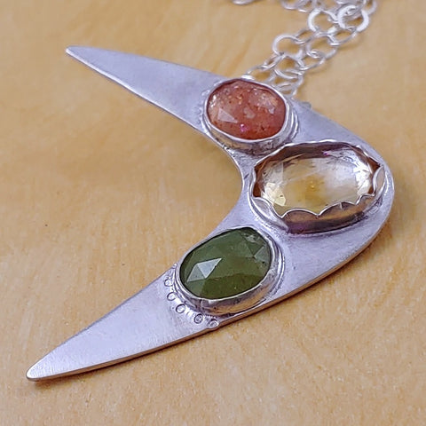 multicolored rainbow gemstone boomerang necklace