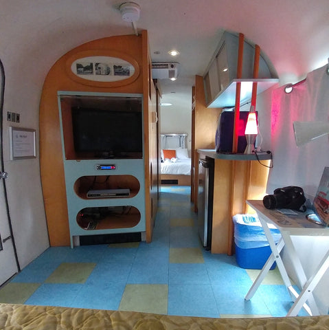 View of Tv, kitchen, and hallway in the Airstream at the Starlux Motel in Wildwood NJ