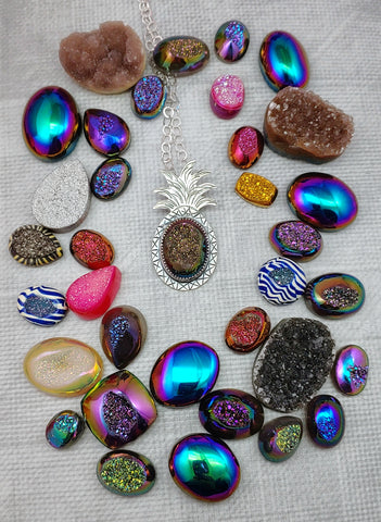 colorful druzy cabochons and a pineapple necklace