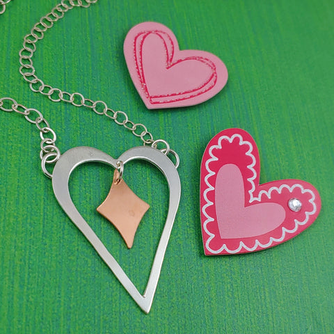 Sterling silver heart with retro diamond necklace