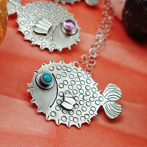 Puffer fish necklace with turquoise eye