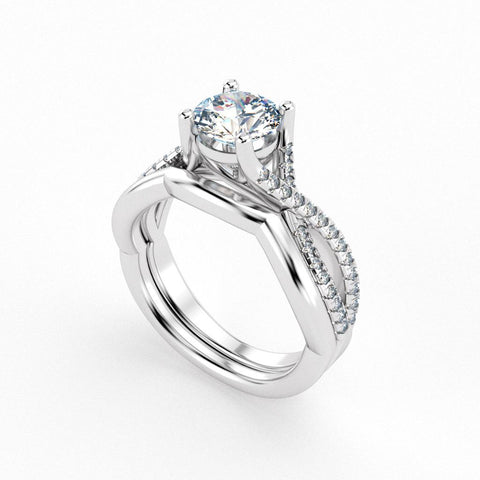 Christine Alaniz Designs round diamond engagement ring with a woven pavé shank and a contoured, plain wedding band