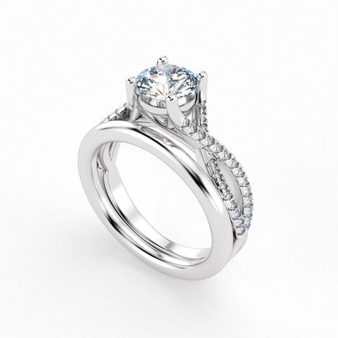 Christine Alaniz Designs round diamond engagement ring with a woven pavé shank and a straight, plain wedding band