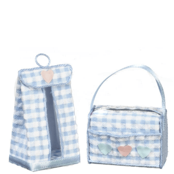 : DOLLHOUSE 1:12 BLUE Gingham Miniature Baby Diaper Bag/Diaper Stacker TYPE A 