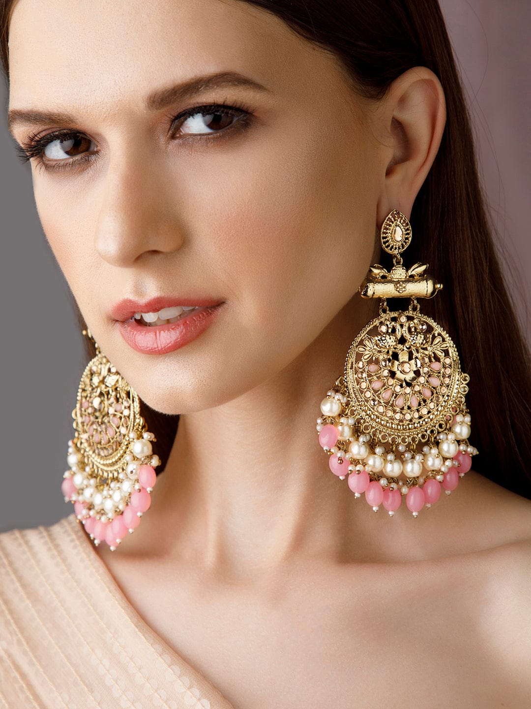 Rubans 22K Gold Plated Chandbali Earrings With Beautiful Beads And Pea