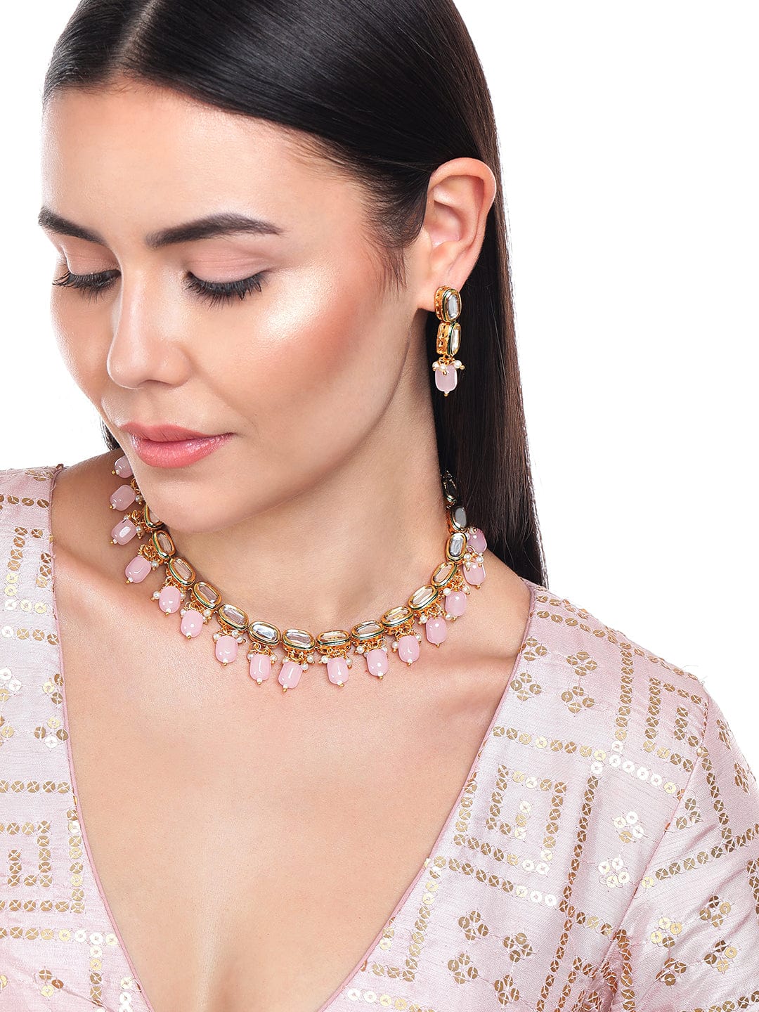 Shop Rubans 22K Gold Plated Kundan Necklace With Pink Beads Online ...