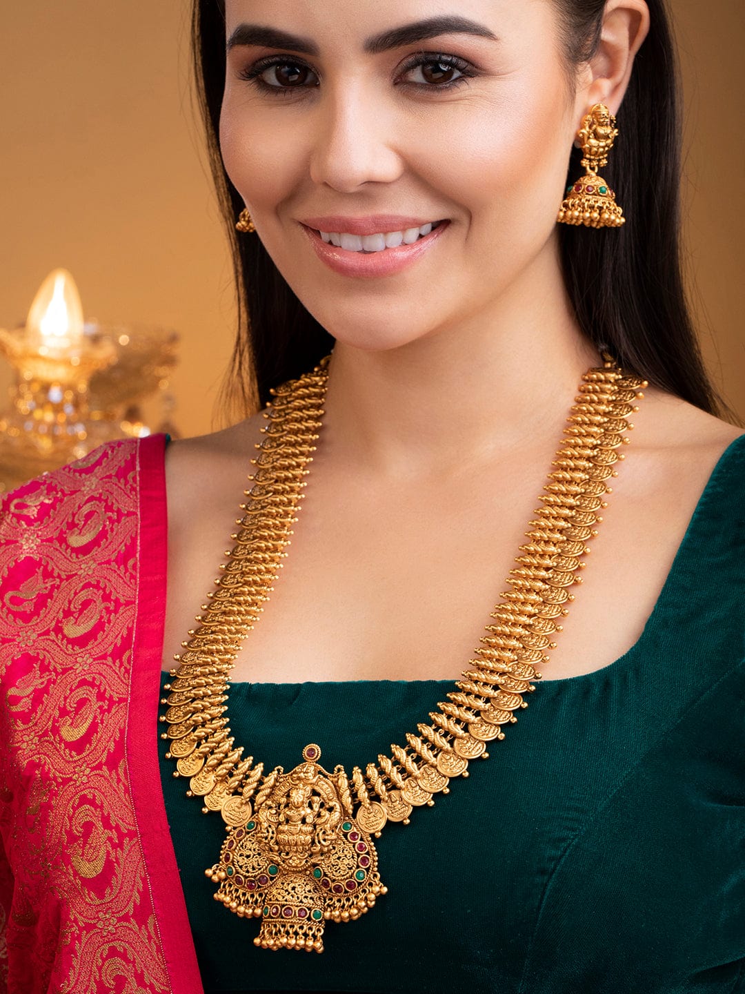 Rubans 24K Gold Plated Long Temple Necklace Set With Goddess Motif.