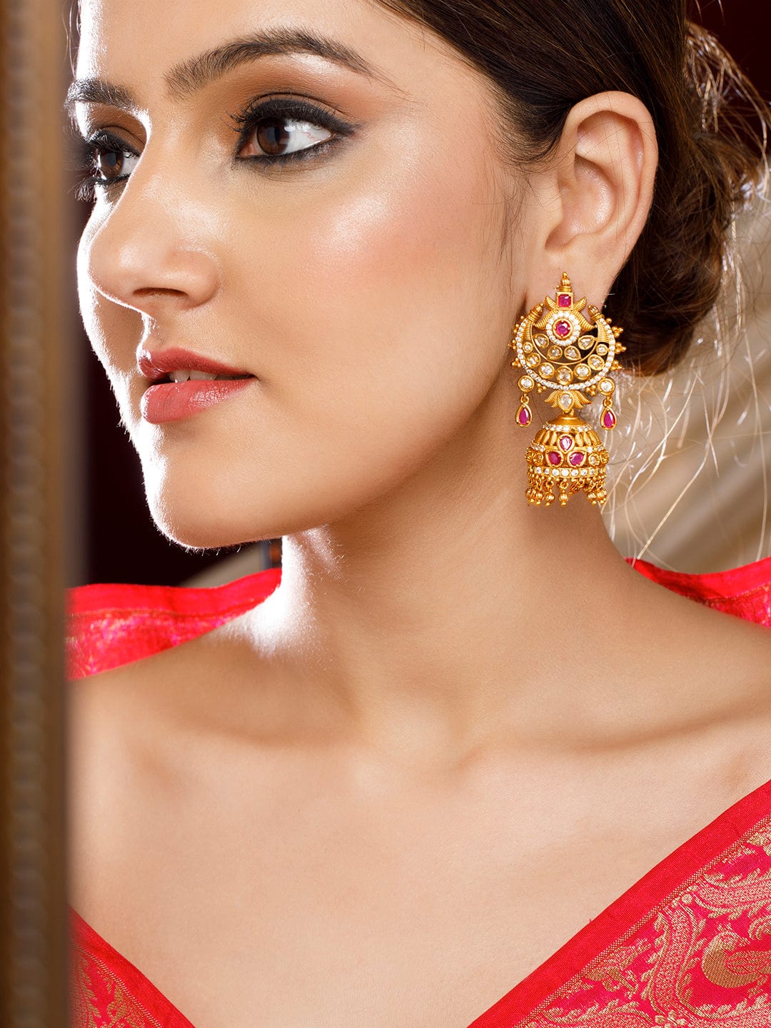 Shop Rubans 24K Gold Plated Ruby and AD studded Jhumka earring ...