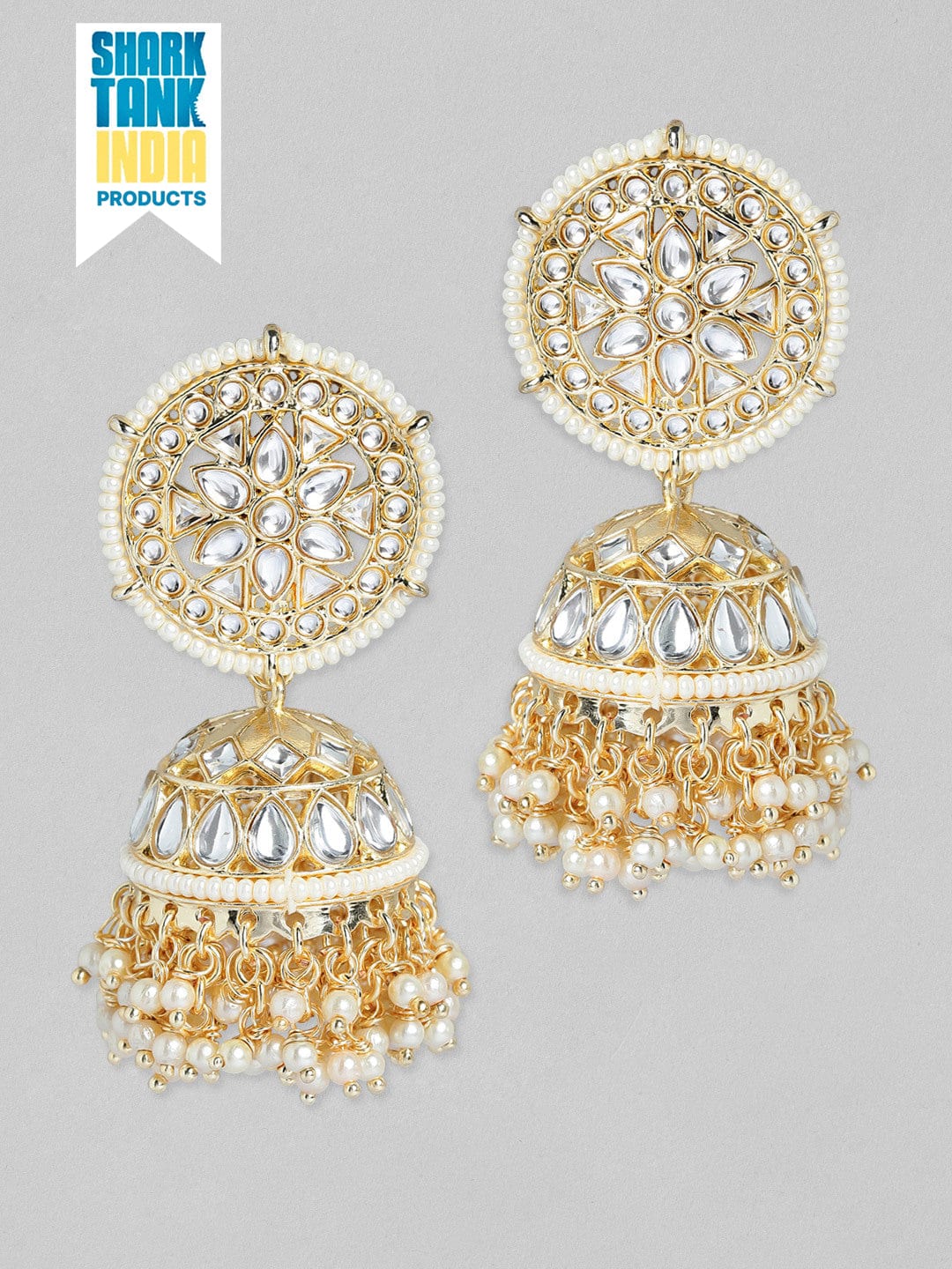 Rubans Gold Plated Handcrafted Kundan & White Perals Jhumka Earrings