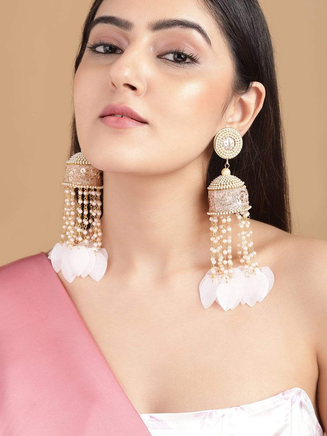 Rubans Gold Plated Handcrafted Pink Enamel & Pearls Jhumka Earrings
