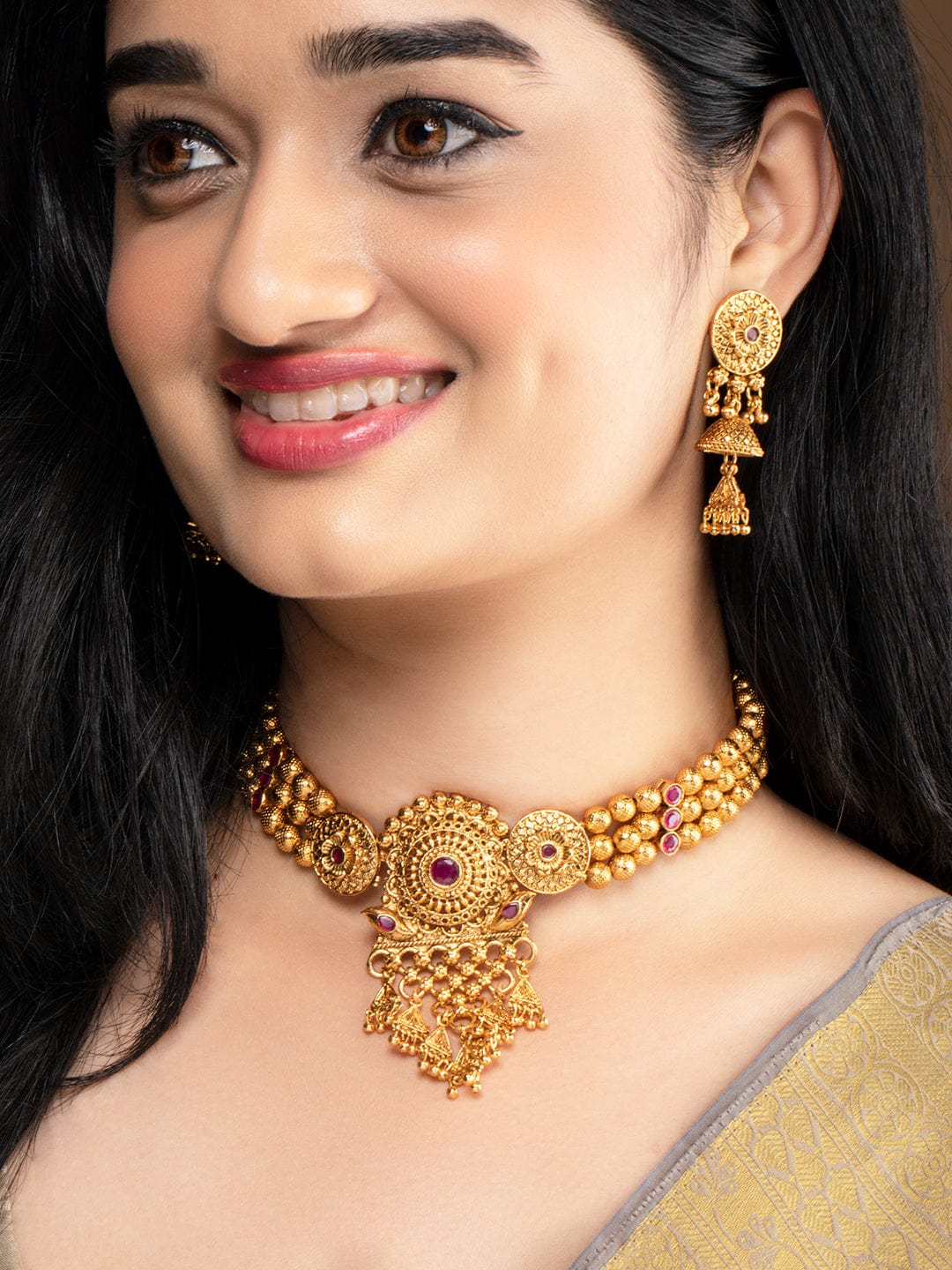 Shop Rubans Gold Plated Pink Stone Studded Hangings Handcrafted Choker Set. Online at Rubans