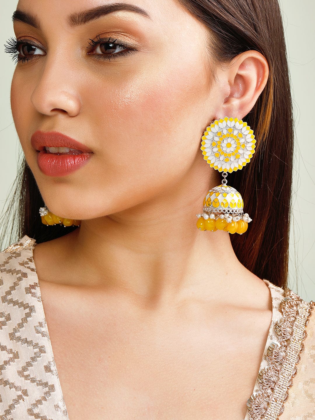 Rubans Silver Plated Yellow Beads and White Pearl Enamelled Jhumka Ear