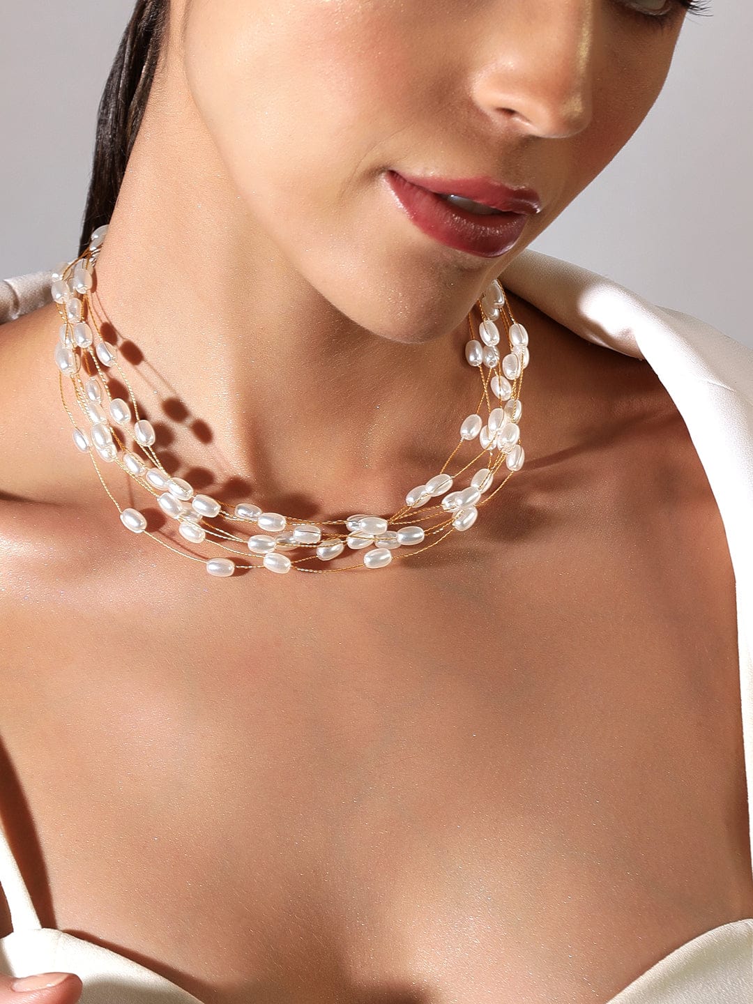 Rubans Voguish Cluster Of Oval Pearls Layered Choker Necklace
